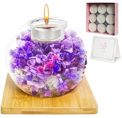 Queltrix Eeuwige bloem in glas & geurkaarsenset, geconserveerde bloemen, romantisch cadeau, geschenkdoos met 18 kaarsen, cadeauset voor Moederdag, verjaardag, jubileum, Kerstmis (paars)