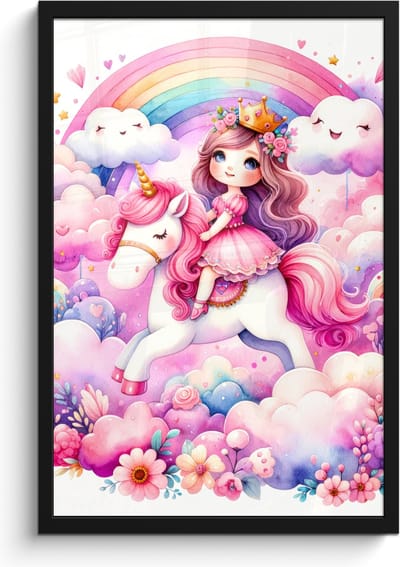 Poster in lijst - Fotolijst 40x60 cm - Posters - Eenhoorn - Prinses - Unicorn - Roze - Regenboog - Posterlijst zwart - Kamer decoratie - Wanddecoratie kinderkamer - Muurdecoratie babykamer