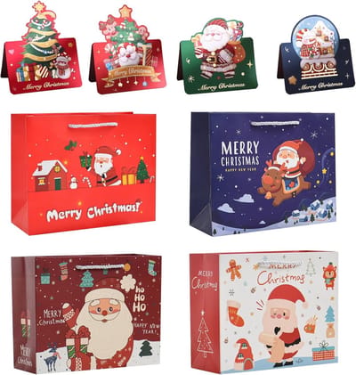 4 Stuks Kerstcadeauzakjes met Kerstkaarten, Papieren Zakken met Handgrepen voor Geschenken, 25 x 20 x 10 cm, Ideaal voor Kerstverpakkingen en Boodschappentassen