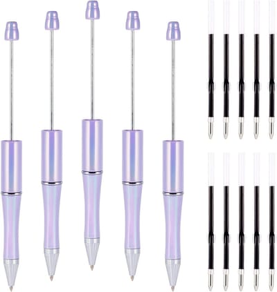 5 Stuks Kralenpennen met 10 Stuks 1mm Pen Navullingen - Zwarte Inkt Balpennen voor Creatief Knutselen, School en Kantoor, Lilac