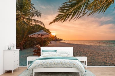 Behang - Fotobehang Strand - Strandstoel - Zonsondergang - Breedte 420 cm x hoogte 280 cm