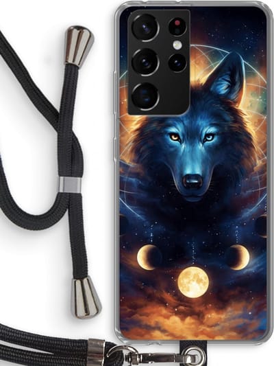 Case Company® - Hoesje met koord geschikt voor Samsung Galaxy S21 Ultra hoesje met Koord - Wolf Dreamcatcher - Telefoonhoesje met Zwart Koord - Bescherming aan alle Kanten en Over de Schermrand