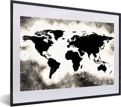 Poster in lijst - Fotolijst 60x40 cm - Posters - Wereldkaart - Zwart - Wit - Hout - Posterlijst zwart - Decoratie - Wanddecoratie woonkamer - Muurdecoratie slaapkamer