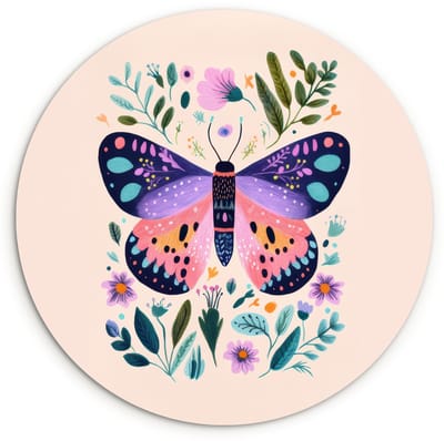 WallCircle® Wandcirkel 120x120 cm - Muurcirkel Bloemen - Bladeren - Vlinder - Kleurrijk - Muurdecoratie woonkamer - Wanddecoratie slaapkamer - Kamer decoratie accessoires - Ronde schilderijen XXL