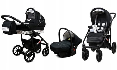 BabyLux® Kinderwagen 3in1 – LARGO - BLACK DOTS BLACK FRAME - Opklapbare Wandelwagen incl. Reiswieg, Multifunctionele Buggy Sportstoel, Autostoel - Combi-kinderwagen met Luiertas, Regenhoes, Klamboe, Bekerhouder, etc.