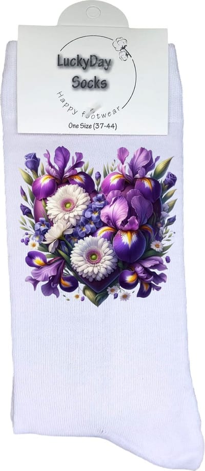 Valentijn sokken - Valentijns Cadeau - Grappige sokken - Leuke sokken - Hem Haar sokken - Vrolijke sokken - Paarse bloemen - Vaderdag - Moederdag - Verjaardag cadeau - Kerst cadeau - Leuk Cadeau - Speciaal cadeau - Sokken maken Happy - Maat 37-44