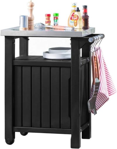 Bijzettafel met deur - Tuinmeubel Tafel - Buitenruimte Organiseren - Werkblad RVS - 54 x 70 x 90 cm - Grafiet