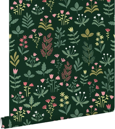 ESTAhome behang veldbloemen donkergroen en roze - 50 x 900 cm - 131099