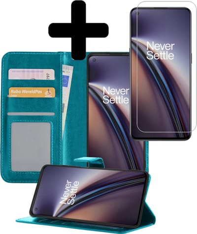 Hoesje - Met Screenprotector - Geschikt voor OnePlus Nord CE - Luxe Pasjeshouder - Bookcase Portemonee - Flip Case - Kunstleer Book Case - Flipcase - Book Cover - Walletcase - Portemonneehoes - Telefoonhoesjes - Turquoise