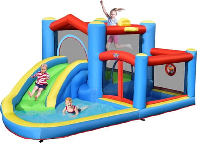 COSTWAY Opblaasbaar springkasteel met glijbaan, kinderbadje, outdoor springburg, waterpark voor kinderen, incl. draagtas, 410 x 310 x 191 cm