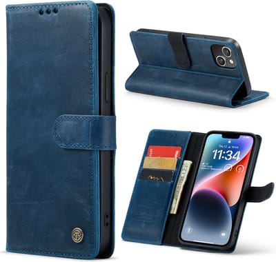 Casemania Echt Leren Hoesje Geschikt voor Apple iPhone 14 Plus - Blauw - Leer Wallet Hoes - Portemonnee Book Cover met Pasjeshouder