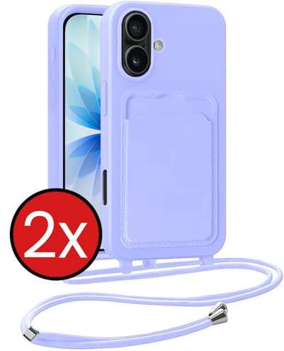 Hoesje Geschikt voor iPhone 17 Hoesje Met Telefoonkoord en Pasjeshouder Siliconen - Hoes Geschikt voor iPhone 17 Hoesje Met Kaarthouder Case - Lila - 2 PACK
