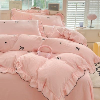 Franse Ins Prinses Stijl Kant Vierdelig Set Gewassen Katoen Geborduurd Dekbedovertrek Set Strik Meisjeshart Laken Driedelig 150X200cm 3pcs