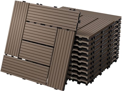 WPC-terrastegels 30x30 cm, set van 11 stuks voor 1 m², donkerbruin in houtlook, mozaïekpatroon, met afwatering en kliksysteem