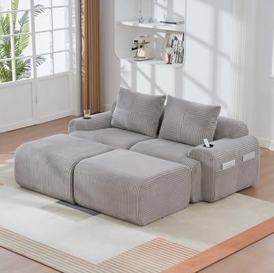 MIVRAY Set 200 x 174 x 80 cm - Modulair 2-Zits Cordsofa Met 2 Hockers, Bekerhouder En Zijtas - Voor Woonkamer En Lounge - Cord Lichtgrijs