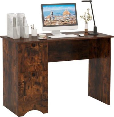 COSTWAY Bureau met 2 laden, kleine computertafel, kinderbureau, moderne bureautafel, pc-tafel voor slaapkamer, werkkamer, kantoor, wit, 109 x 50 x 75 cm (rustiek bruin)