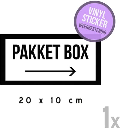 Pictogram/ vinyl sticker | "Pakket box ---->" | 20 x 10 cm | Leveringen | Pakjes | DHL | PostNL | Koerier | Bak | Niet thuis | Zelfklever voor buiten | Dropbox | 1 stuk