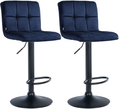 CLP Peru Set van 2 barkrukken - Met rugleuning - Voetsteun - Fluweel - Velvet - zwart/blauw