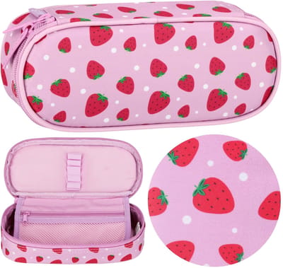 Roze, COMPARTIMENT etui, zakje voor meisjes, aardbeien 5x22x10cm