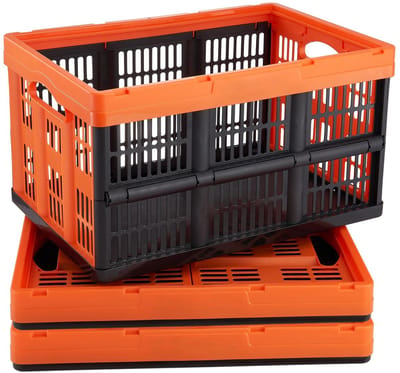 ITRONIQ Opvouwbare Opbergkrat Set van 3 - Inklapbare Boodschappenkratten 45L - Kunststof Opbergbox Met Handgrepen - Zwart Oranje