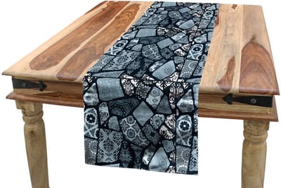 ABAKUHAUS Bloemen-tafelloper – geometrische vormen – 40x180 cm – blauw-grijs-zwart