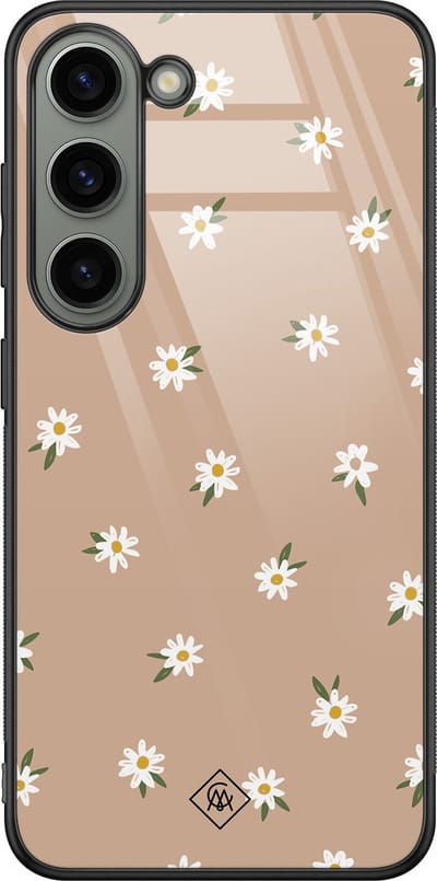 Casimoda® hoesje - Geschikt voor Samsung Galaxy S23 - Sweet Daisies - Luxe Hard Case Zwart - Backcover telefoonhoesje - Bruin/beige
