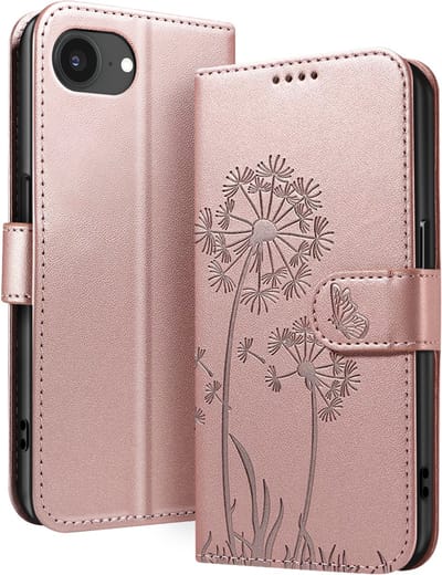 Zanae, Portemonnee Hoesje Geschikt voor Apple iPhone 17e Premium Design Bloemen Vlinder, Champagneroze