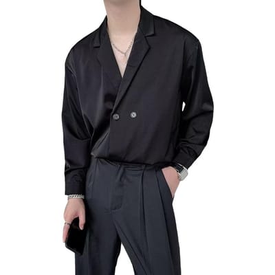 Lente Heren Shirt Turn-down Kraag IJszijde V-Hals Losse Dubbele Knopen Effen Kleur Baggy Los Zacht Ademend Lange Mouwen Mannelijk L