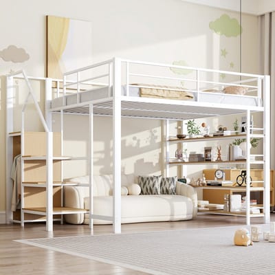 KOMHTOM - Hoogslaper - 140×200 cm - met veiligheidstrap - opbergruimte - kleine kledingkast - legplanken - hoog hekwerk - eenpersoonsbed - jeugdbed - wit