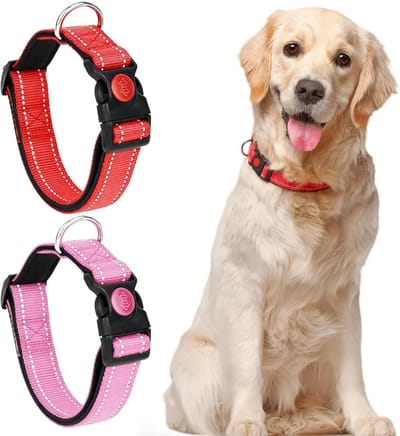 Reflecterende nylon hondenhalsbanden met veiligheidsgesp, zachte neopreen voering, ademend en verstelbaar voor middelgrote honden (2 stuks, roze en rood)