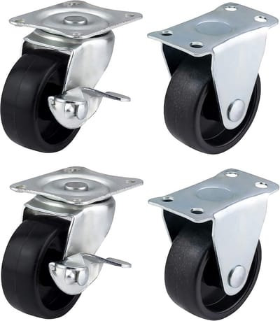 Set van 4 Zwenkwielen met Remmen, Zwarte Kunststof Wielen 40mm, Maximaal 100 kg