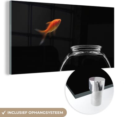 MuchoWow® Glasschilderij 40x20 cm - Schilderij acrylglas - Goudvis - Vissenkom - Zwart - Foto op glas - Schilderijen