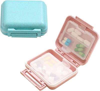 2 Stuks Reis Medicijn Doosje, Draagbaar Klein Pillendoosje met Dubbele Laag en Afneembare Deksel, Vochtbestendig (Blauw+Roze)