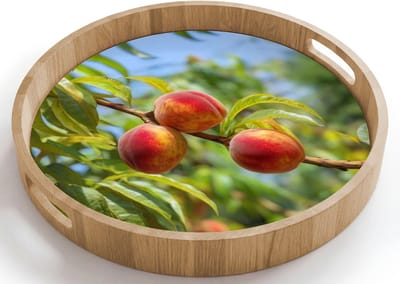 Dienblad rond 40x40 cm - Schootdienblad hout - Perzik - Bladeren - Zonlicht - Borrelplank rechthoek - Plateau houten dienbladen