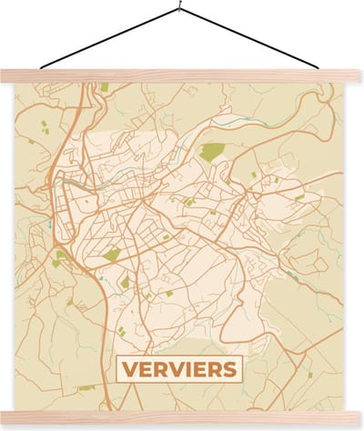 Posterhanger incl. Poster 40x40 cm - Schoolplaat - Kaart - Plattegrond - Vintage - Stadskaart - Verviers - Textielposter - Blanke latten - Stadskaart