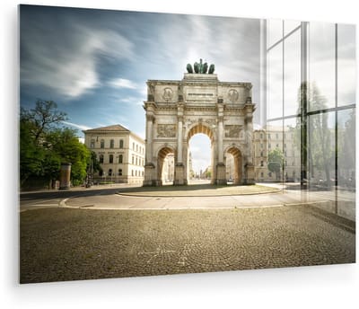 ® Glasschilderij 180x120 cm - Schilderij acrylglas - Indrukwekkende Triomfboog in München tijdens zonsopkomst - Foto op glas - Muurdecoratie woonkamer - Wanddecoratie slaapkamer - Schilderijen