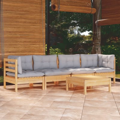 vidaXL - 5-delige - Loungeset - met - grijze - kussens - massief - grenenhout