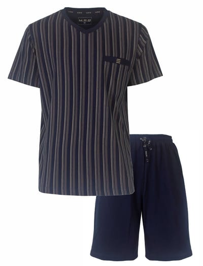 MEQ Heren Shortama - Pyjama Set - 100% Katoen - Gestreept Blauw - Maat S