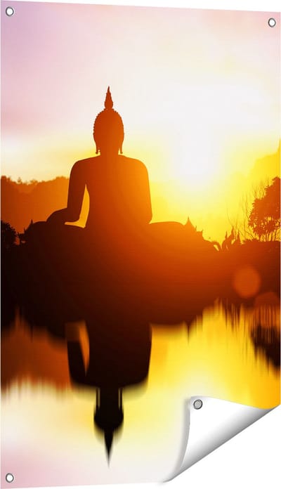 Gards Tuinposter Silhouet van Boeddha Beeld met Zonsondergang - 60x90 cm - Tuindoek - Tuindecoratie - Wanddecoratie buiten - Tuinschilderij
