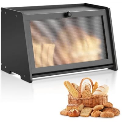 VEVOR Broodtrommel voor aanrecht, broodtrommel, broodorganizer van hout voor zelfgebakken brood, opbergcontainer met gegolfd acryl deurpaneel, broodopslag zwart