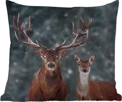 Buitenkussen Weerbestendig - Hert - Dieren - Winter - Gewei - Sneeuw - Natuur - 50x50 cm