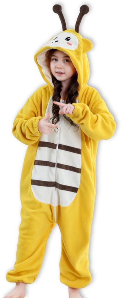 BoefieBoef Dieren Onesie Bij voor Kinderen 5-8 Jaar – Pyjama Dieren Verkleedpak – Warme Flanel Jumpsuit met Capuchon – Knuffelpak & Huispak – Zwemles – Carnaval, Halloween & Sinterklaas Cadeau – Jongens & Meisjes - Geel Hommel