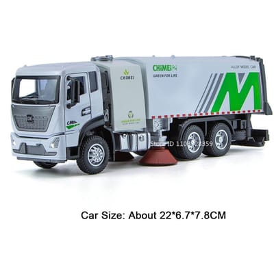 1:24 Schaal Sanitaire Vuilniswagen Model Speelgoed Legering Diecast Schoonmaak Voertuigen Geluid Licht Deuren Geopend Terugtrekken Voor Kinderen Cadeaus gray