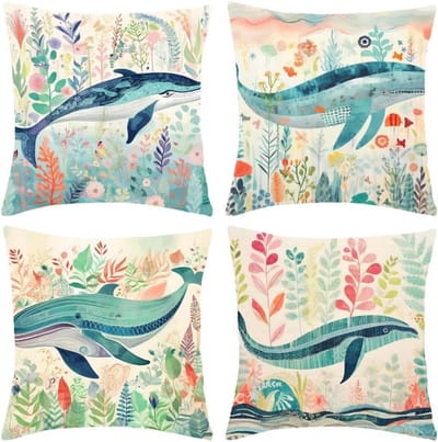 Set van 4 waterdichte kussenslopen voor buiten, vierkante kussenhoezen 40 x 40 cm kussenslopen, decoratieve kussenhoes voor buiten, walvistuin, waterdichte kussens, geschenken voor buiten