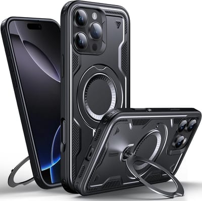 Magsafe Hoesje Geschikt voor iPhone 16 Pro Max Hoesje Zwart - Armor Hoesje met Met Draaibare Ring Houder
