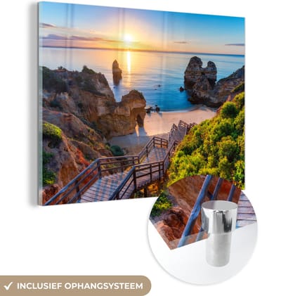 MuchoWow® Glasschilderij 160x120 cm - Schilderij acrylglas - Strand - Zee - Portugal - Foto op glas - Muurdecoratie woonkamer - Wanddecoratie slaapkamer - Schilderijen