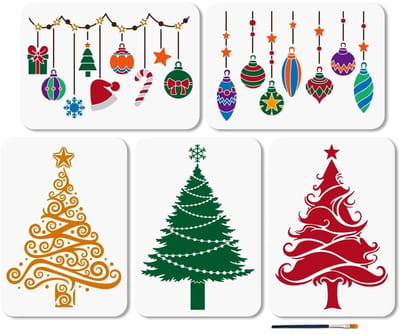 Dailygoods- Lichtballensjabloon Set van 5 - Schilder Sjablonen - Kerstdecoratie - Kunststof - 29,7 x 21 cm - Inclusief Penseel - Schildersjablonen