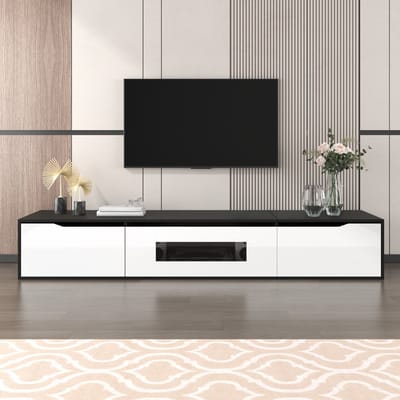 MODFU TV-meubel 180x35x30 cm van MDF en spaanplaat, hoogglans zwart-wit, met LED-verlichting en ruime opbergruimte