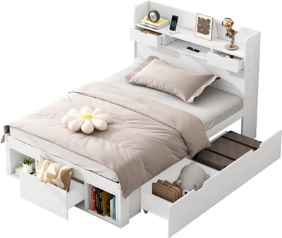 Eenpersoonsbed - 90x200 cm - met USB-poort en lades en kluisje - wieg - grote opbergruimte - geen matras - wit