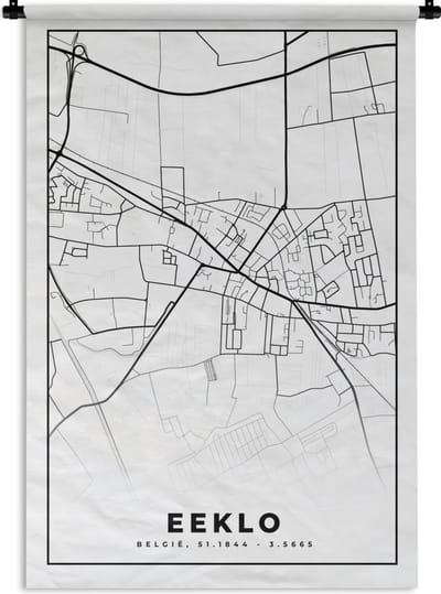 Wandkleed - Wanddoek - Zwart Wit – België – Plattegrond – Stadskaart – Kaart – Eeklo - 120x180 cm - Wandtapijt